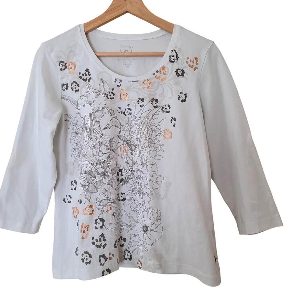 Chico's Zenergy Top Womens 1 White Floral Leopard Metallic 3/4 Sleeve Excellent